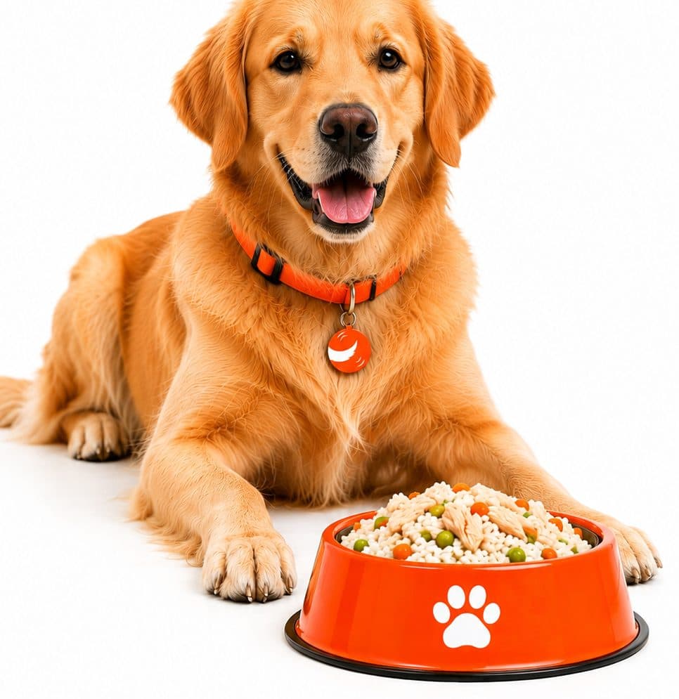 A golden retriever lying beside a full orange Wagly bowl